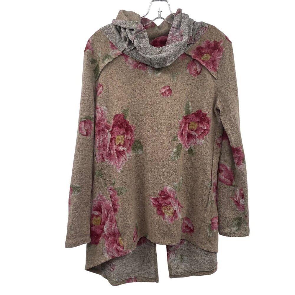 CY Fashion Womens Floral Cowl Neck Sweater Back Slit Beige/Multi Size Small Soft